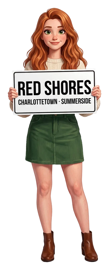 Drawn picture: the guide's character, a young woman with long copper-red hair, a cream knit top and a green corduroy mini skirt, holds a white board that reads Red Shores, Charlottetown, Summerside.